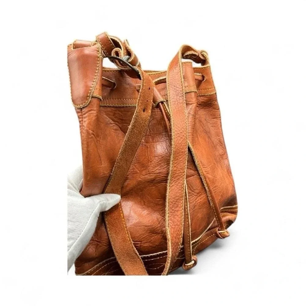 Rare Frye Vintage Cognac Leather Drawstring Bucket Bag Crossbody DB501 Mexico - Picture 3 of 15